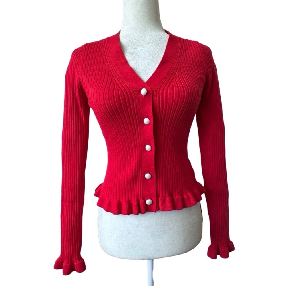 Commense Red Cardigan Ruffled Trim Pearl Button Long Sleeve SZ M NWT - Picture 11 of 12
